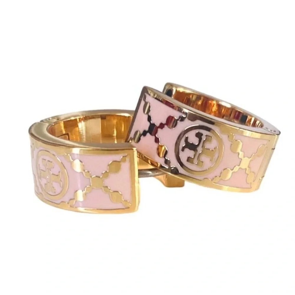 Tory Burch New Monogram Pink Enamel & Gold Plated Huggie Earrings - Picture 2 of 10